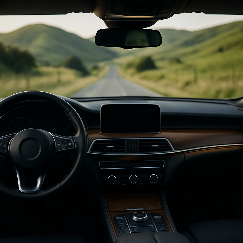 Peaceful car cabin interior showing quiet serene driving on an open New Zealand road