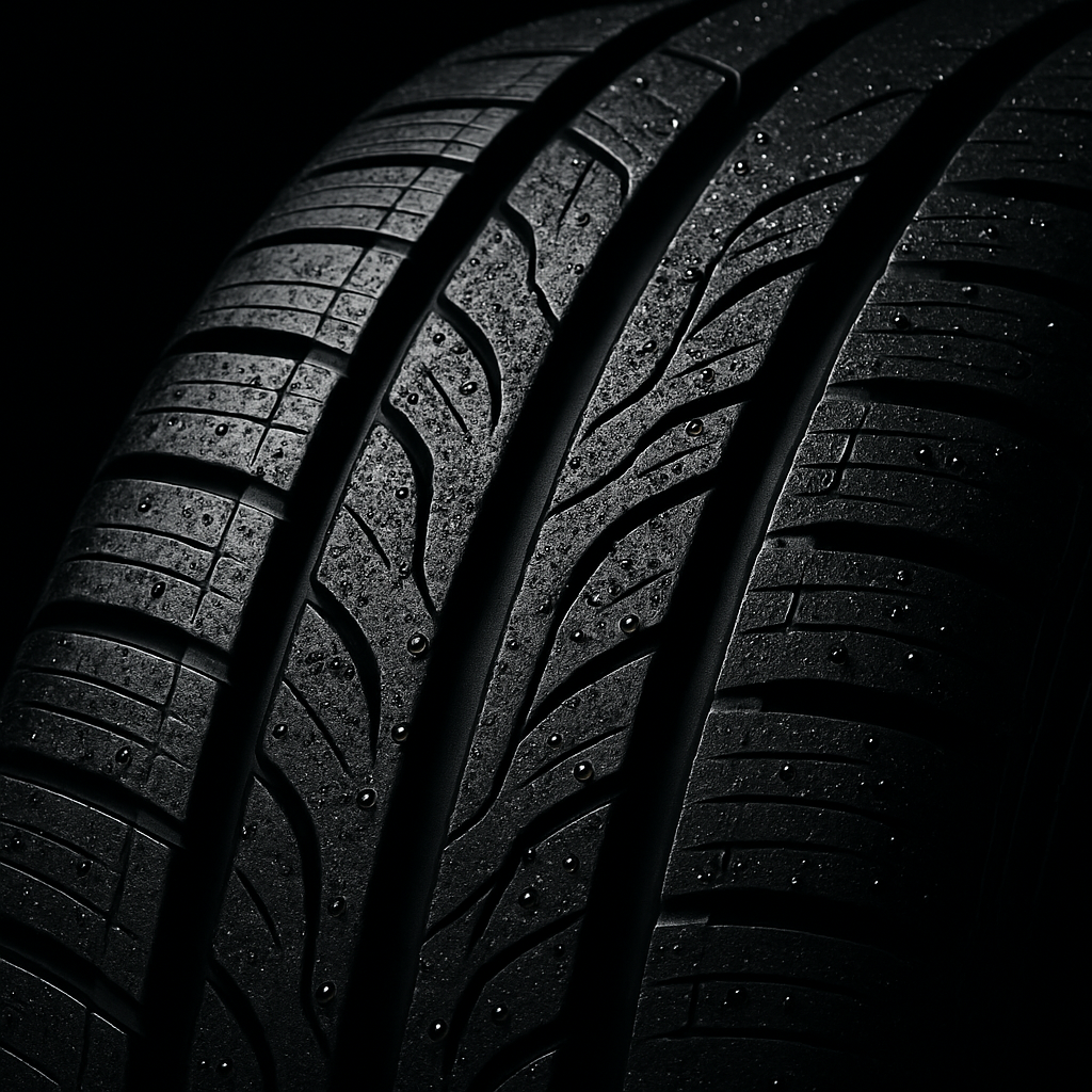 Ultra close-up of premium touring car tyre tread showing variable pitch noise reduction grooves