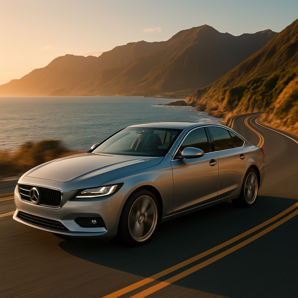 Luxury silver sedan driving on a New Zealand coastal highway at golden hour